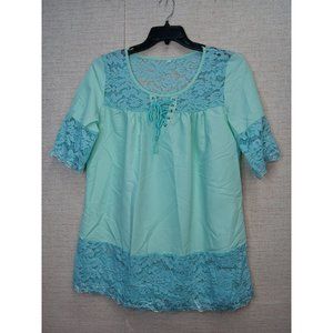 Cute work Turquoise Blue Summer Lace V neck Polyester Blouse size Large